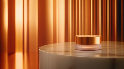 Elegant skincare jar on a marble surface with warm orange and gold vertical stripes in the background