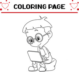 little boy is studying learning with laptop coloring page for kids