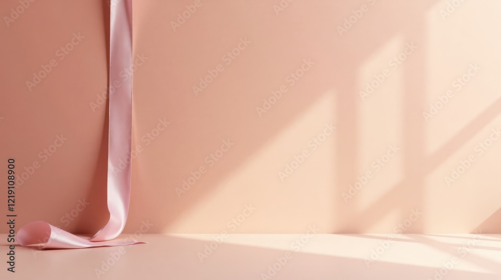 Poster a delicate pink ribbon elegantly drapes against a soft peach backdrop, bathed in the warm glow of na