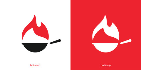 Obraz premium Simple Hot Soup Logo. Fire and Pan Laddle Graphic Icons. Fire Food Logo Design Template.