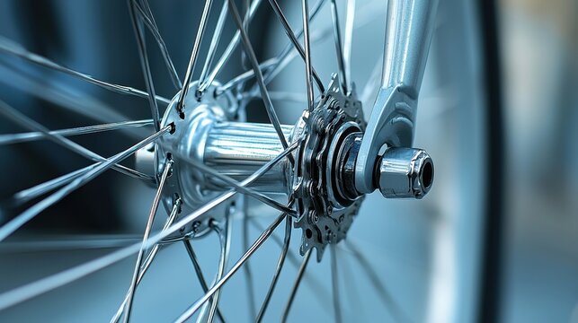 A close-up of a bicycle wheel with spokes and hub on a white isolated background