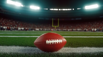 Football Scene with a Vibrant Red Ball on a Lush Green Field Under Stadium Lights