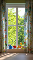 Kids' room with a sunny window and colorful curtains for a vibrant atmosphere