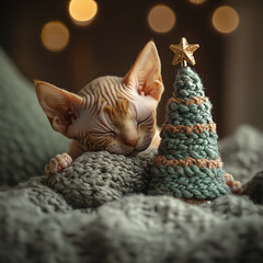 Obraz premium sphynx cat playing christmas tree