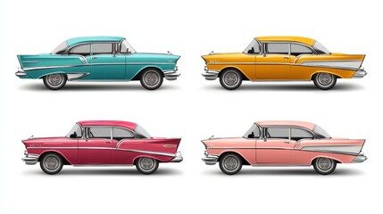 Naklejka premium A set of classic cars with chrome bumpers and retro design on a white isolated background