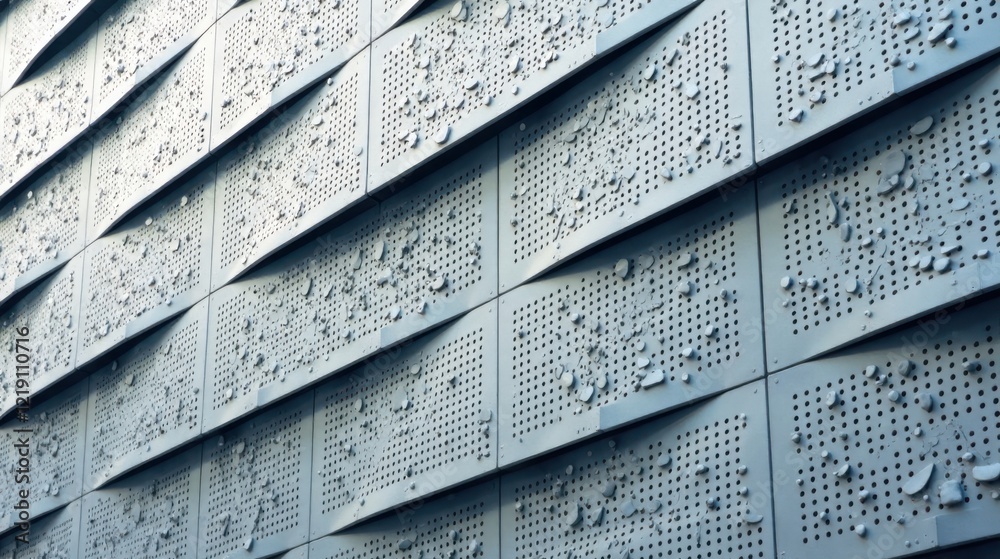 Poster Abstract Architectural Facade with Textured Metal Panels and Perforated Design Featuring Subtle Embellishments