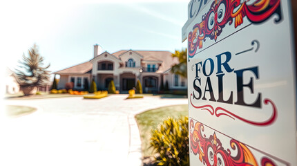 Charming home for sale surrounded by lush greenery and brick walkway, large house has a for sale sign in front of it.