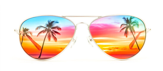 Obraz premium Gleaming silver aviator sunglasses reflecting the vibrant colors of an island sunset, with palm trees and sandy beaches in the background.
