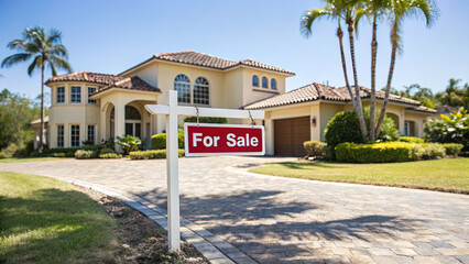Charming home for sale surrounded by lush greenery and brick walkway, large house has a for sale sign in front of it.