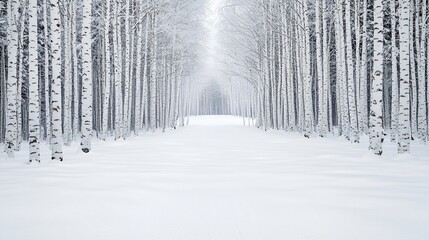 Fototapeta premium Snowy birch forest path, winter landscape, serene nature scene, ideal for travel posters