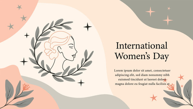 Elegant International Women’s Day design with floral elements, minimalist female profile, soft pastel color, decorative stars. Perfect for celebrations, events, and empowering women themed projects.