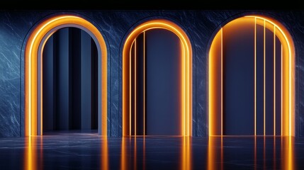 Modern architectural interior featuring illuminated arches in a sleek, minimalist environment