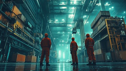 Two Warehouse Workers Collaborating on Inventory Management in a Busy Industrial Environment