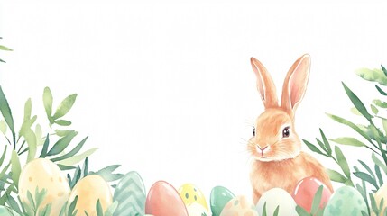 Rabbit and Easter Eggs Frame Watercolor Mammal Animal