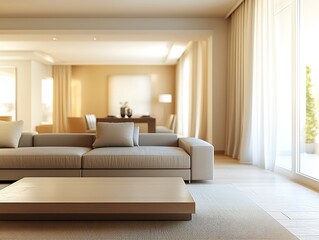 Fototapeta premium A modern minimalist interior design of a residential living room with curtains visible windows and a sofa and table. Generative AI 