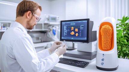 A scientist in a lab analyzes data on a computer, surrounded by advanced technology and equipment, focusing on research and innovation.