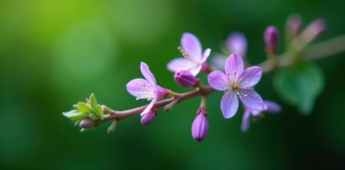 Obraz premium A single branch with a few delicate, purple flowers, foliage, green
