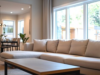 A modern minimalist interior design of a residential living room with a sofa and table visible and a glimpse of a dining room. Generative AI
