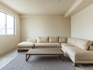 Fototapeta premium A modern minimalist interior design of a residential living room with beige-finished walls and beige sofas and tables. Generative AI 