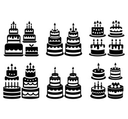 set of birthday cake with candle icon symbol vector design black white color simple illustration 