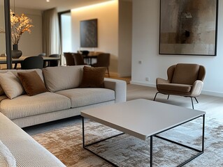 A modern minimalist interior design of a residential living room with a sofa and table and a dining room in view. Generative AI
