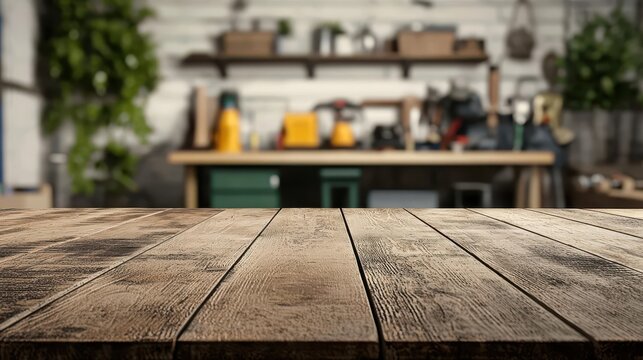 Artisancrafted table with prominent grain, blurred workshop tools, artisanal dedication