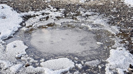 Fototapeta premium Frozen puddle surrounded by ice and snow in a winter landscape 