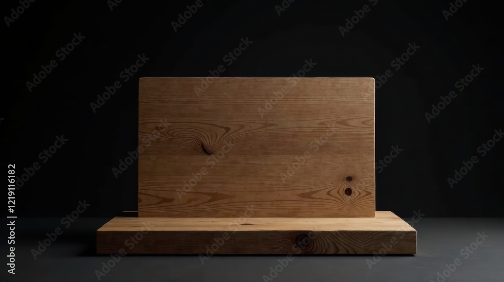 Poster simple wooden display stand against a dark background, ideal for product placement or showcasing sma