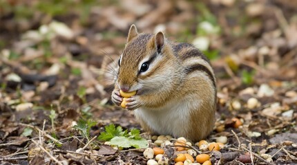 Cute chipmunk happily eating nuts on the forest floor  