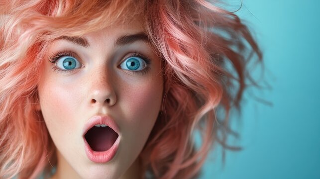 A young woman with vibrant pink curly hair expresses shock and amazement against a blue background, capturing a moment of genuine emotion and surprise in her eyes.