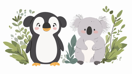 Fototapeta premium Adorable Penguin and Koala in Lush Cartoon Nature Scene
