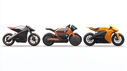 Fototapeta premium A set of electric motorbikes with sleek, futuristic designs on a white isolated background
