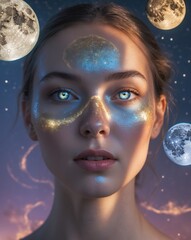 A mystical portrait featuring a woman with glowing skin and cosmic elements, surrounded by moons against a starry backdrop.