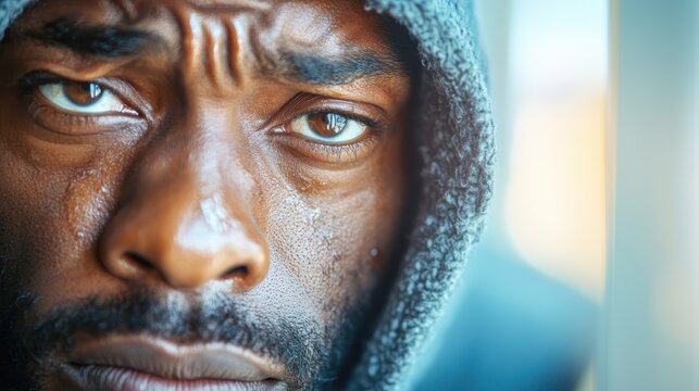 A close-up portrait of a pensive man in a hooded jacket, conveying deep thoughts and raw emotions, capturing an insightful moment in time.