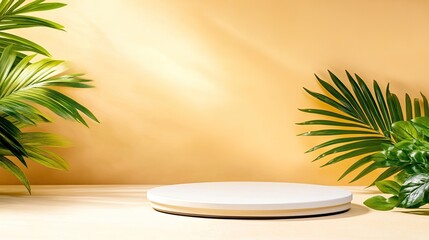 Fototapeta premium Elegant Product Showcase with Tropical Leaves and Warm Lighting