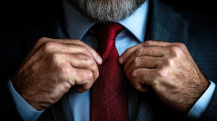 A dedicated man perfects the knot of his red tie, dressed in a sophisticated suit, reflecting the importance of presentation and meticulousness in formal engagements.