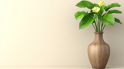 Elegant Yellow Flowers in a Brown Vase Against a Beige Wall