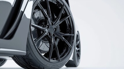 A close-up of a car alloy wheels with intricate designs and high-performance tires on a white isolated background