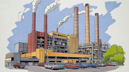 A hand-drawn cartoon of an industrial power plant with cars parked in front, large smokestacks, and tall buildings. A colorful ink drawing