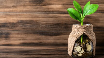 Financial Growth Concept Plant Growing from Coins in a Rustic Jar