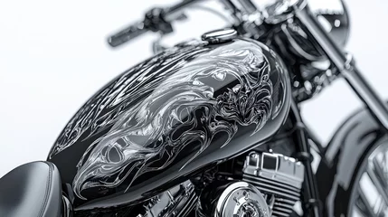 A close-up of a motorcycle fuel tank with polished chrome and custom artwork on a white isolated background