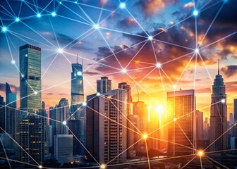 Obraz premium Modern City Skyline Tech Abstract Background - Business Website Banner Stock Photo