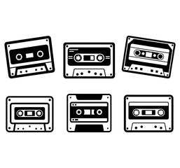 cassette tape music audio classic traditional vector design icon black white flat illustration collections set
