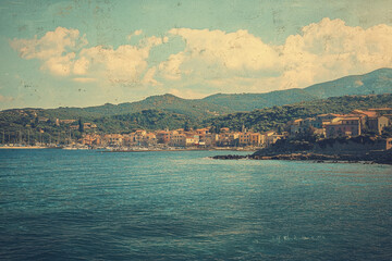 Fototapeta premium A retro-toned city view by the coast, featuring calm waters and a mountainous horizon.
