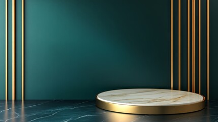 Elegant minimalist display platform with marble top and stylish golden accents against a teal wall