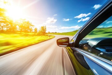 Obraz premium Dynamic View from a Car Window Capturing a Beautiful Landscape with Greenery, Sunlight, and Open Road Representing Freedom and Adventure on a Clear Day