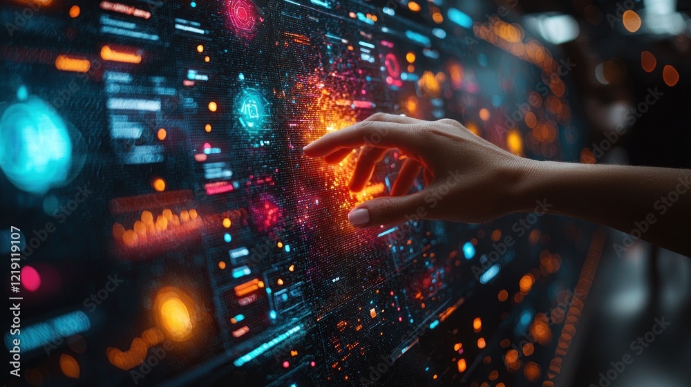 Poster interactive data visualization: a hand interacting with a futuristic digital interface