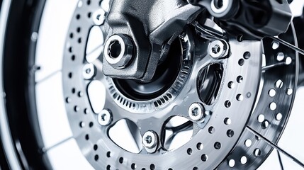 A close-up of a motorcycle disc brake system with detailed pads and rotor on a white isolated background