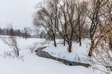 Park near The Intercession women's Orthodox Khotkov monastery, through which there was a passage to the Trinity-Sergius Lavra in Khotkovo, Moscow Region, Russia