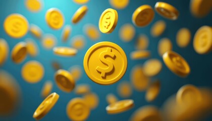 A cascade of shiny golden coins with dollar signs creates a dynamic and eye-catching scene against a rich blue backdrop. This image evokes feelings of wealth and prosperity, inviting viewers to dream